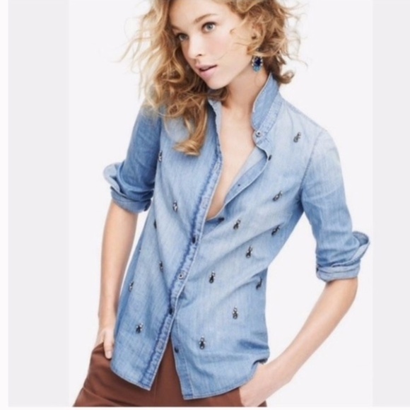 J. Crew Tops - J. Crew Chambray Boy Shirt Beaded / Jeweled